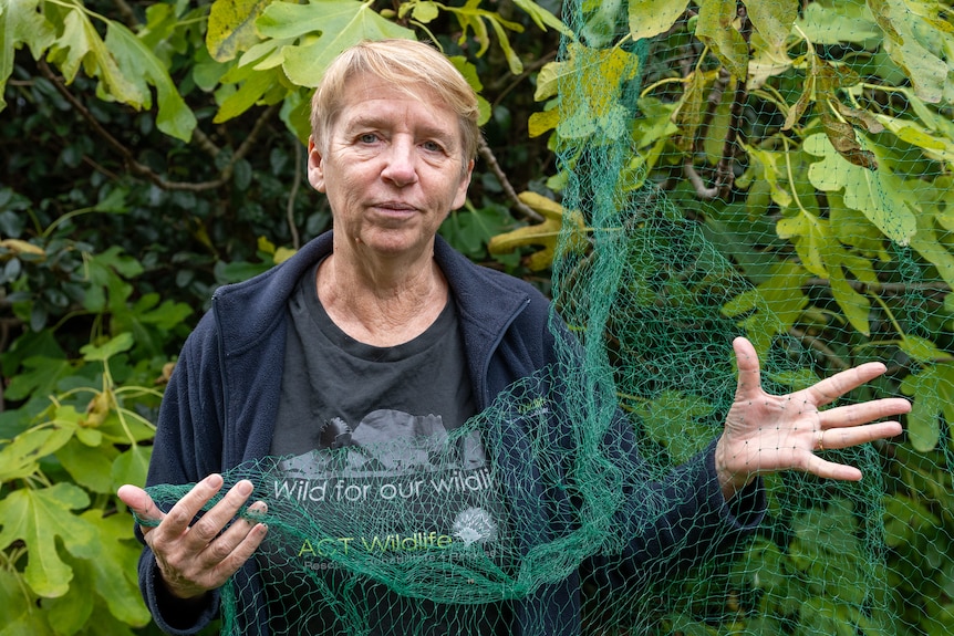A woman holding green netting with large holes.