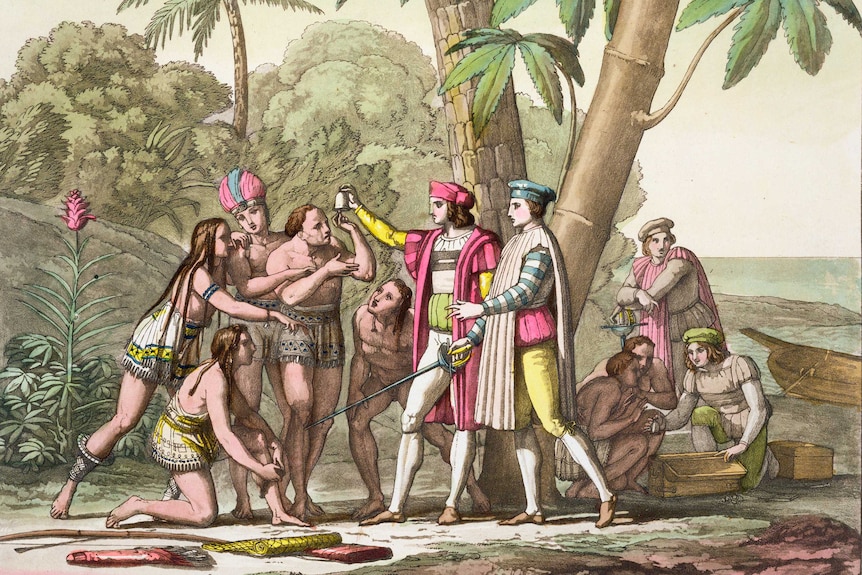 An illustration of explorer Christopher Columbus showing a group of native Americans an item.