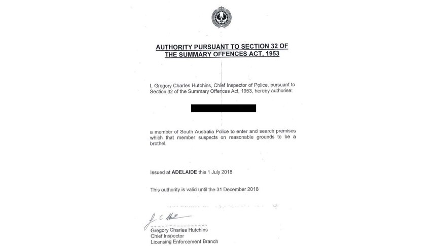 A document approving a search of a brothel by SA Police