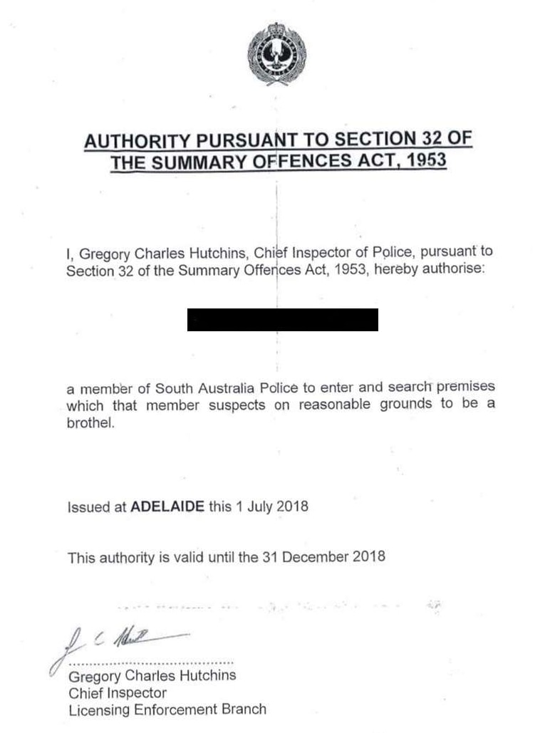 A document approving a search of a brothel by SA Police