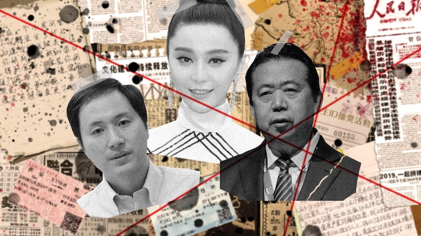 A collage of He Jiankui, left, Fan Bingbing, centre, and Meng Hongwei.