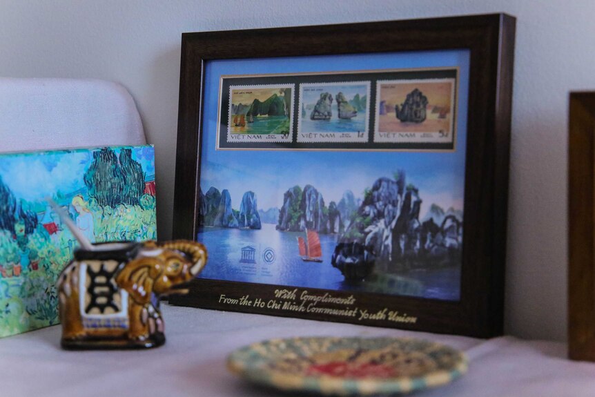 A gift from the Ho Chi Minh Communist Youth Union is displayed among knick-knacks in Senator Rhiannon's office.