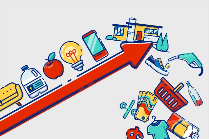 An assortment of illustrated everyday items falling off a rising line chart