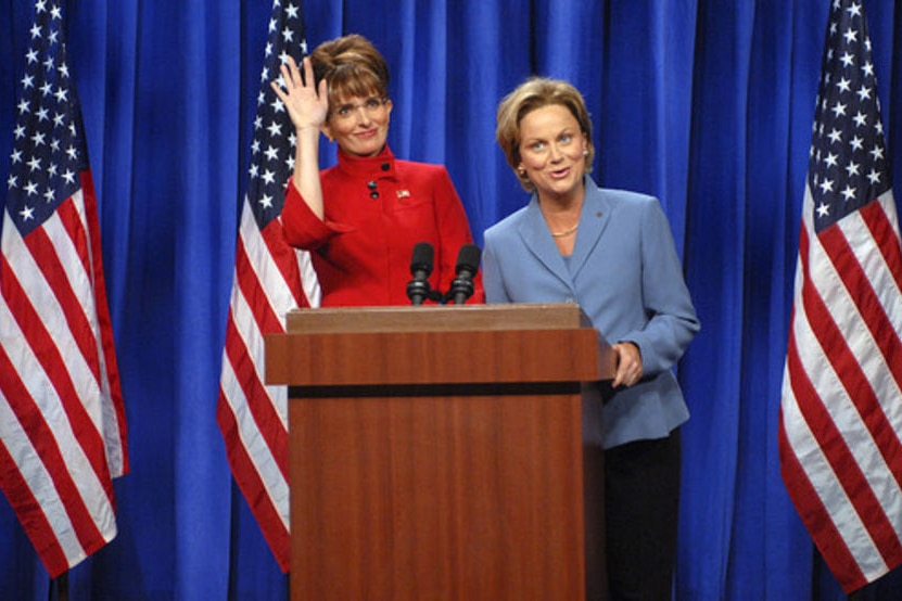 Tina Fey as Sarah Palin and Amy Poehler as Hillary Clinton on SNL.