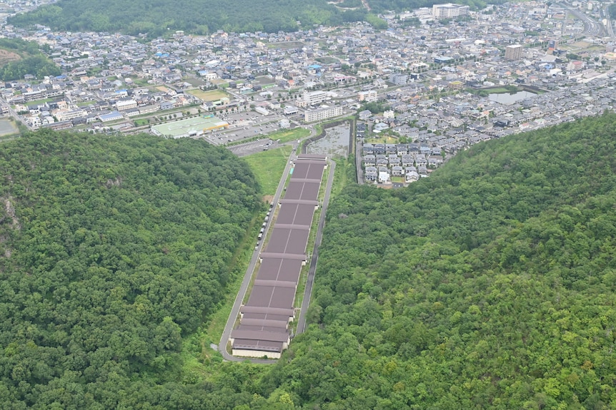 An aerial photo shows Hino Kihon Shagekijo, Self Defence Force facility, in Gifu City.