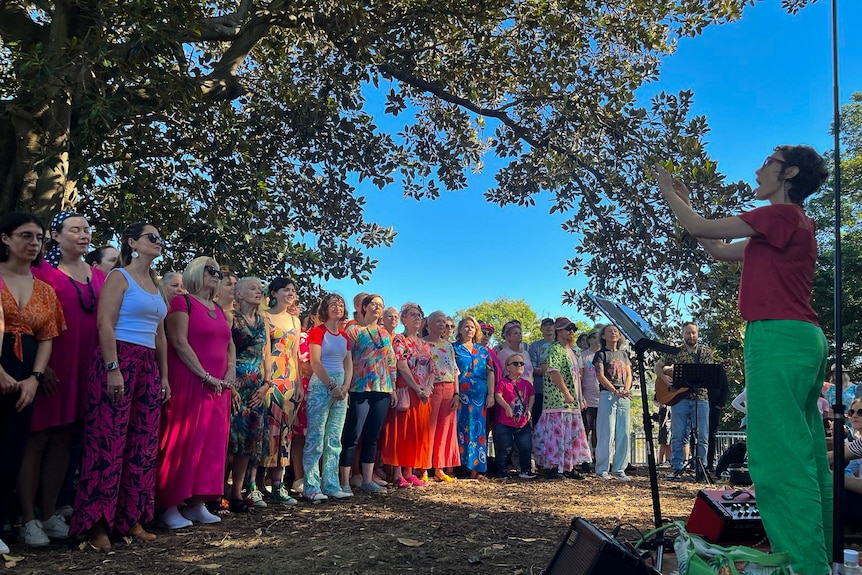 A woman conducts a choir or brightly coloured performers, outside under a tree