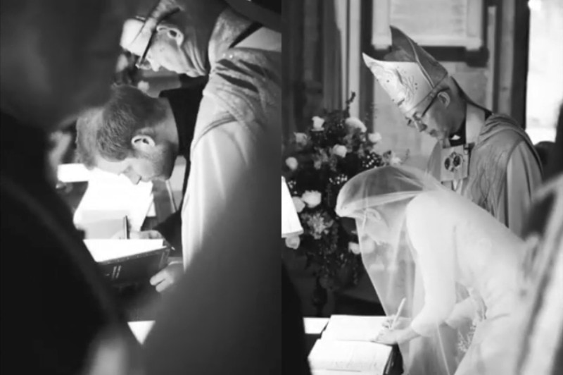 A side-by-side composite image of Prince Harry and Meghan Markle signing the registry at their wedding, as a priest looks on.