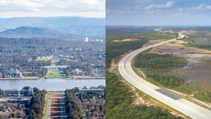 A composite of a a birdseye view of Canberra and East Kalimantan.