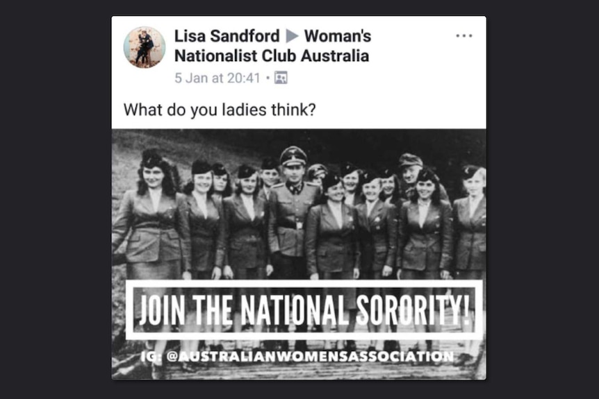 A Facebook post from Lisa Sandford encouraging women to sign up to her neo-Nazi group.