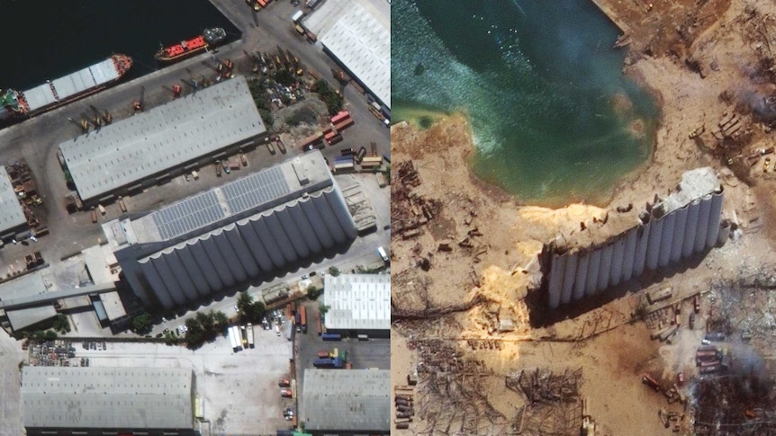 Beirut before and after images show the port of Beirut in tact and then flattened.