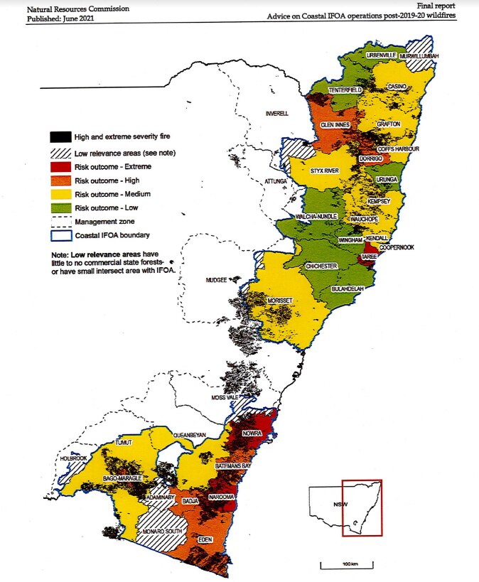 A map of New South Wales showing extreme, high, medium and low risk regions for logging.
