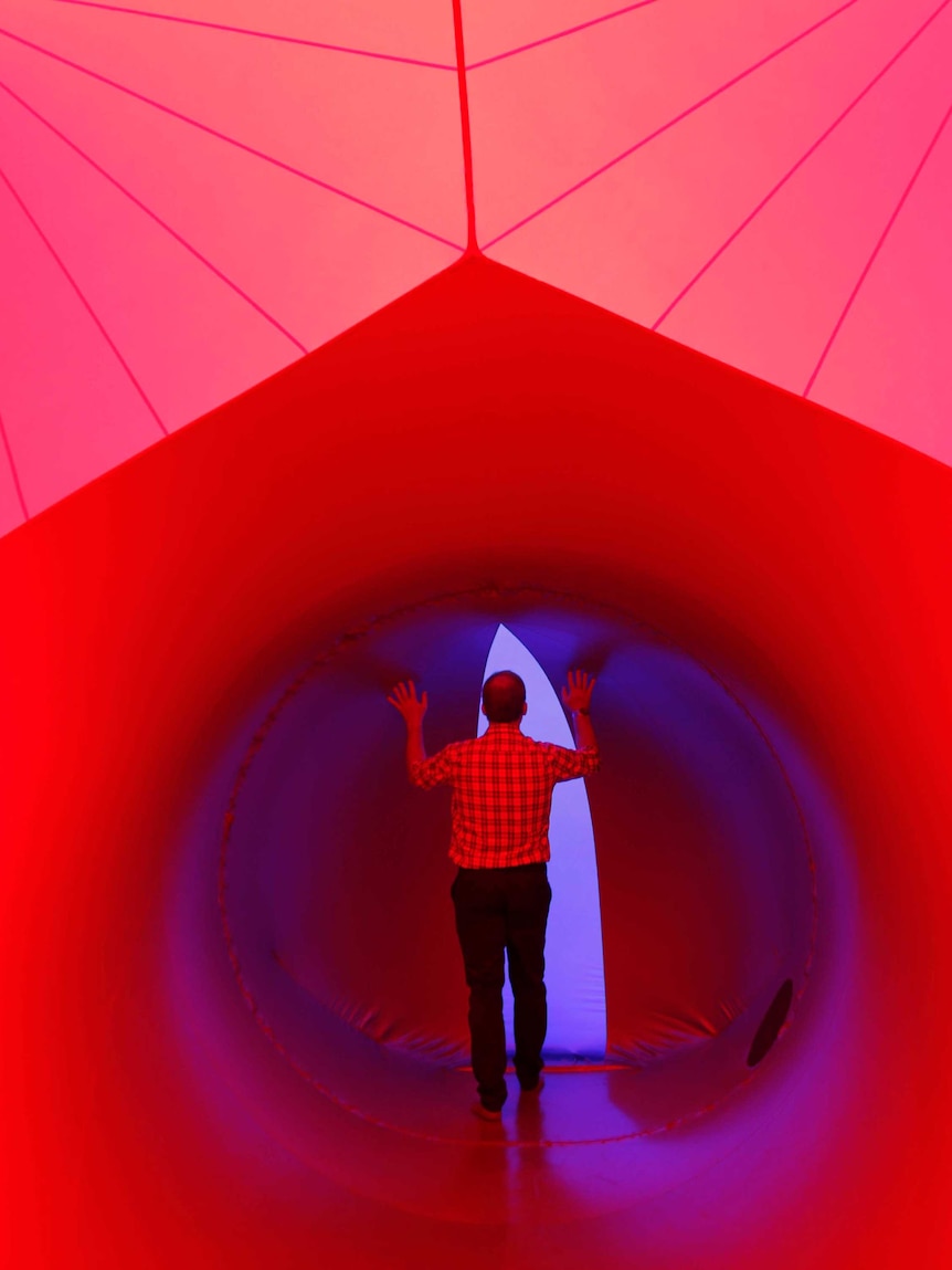 Tasmanian Premier Will Hodgman inside the imaginarium inflatable sculpture EXXOPOLIS on the Hobart waterfront