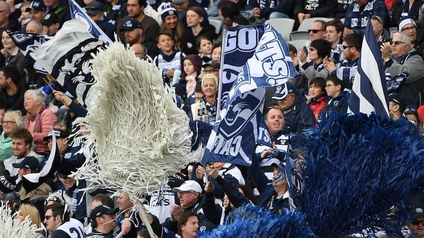 A crowd of Geelong Cats fans in a stadium grandstand, wearing blue and white, holding banners and shaking oversized pom poms.