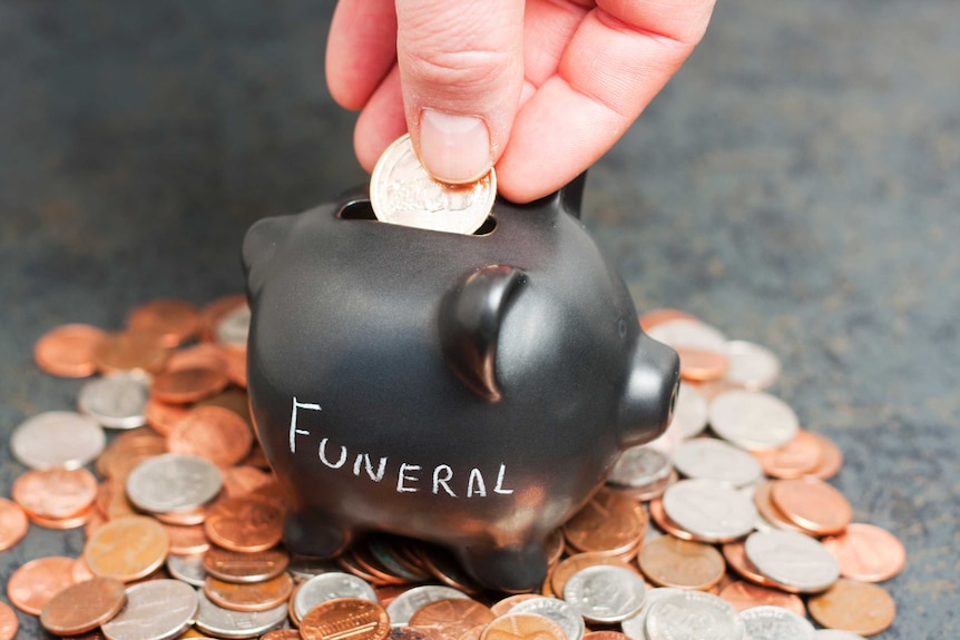 Image of a hand putting a coin into a piggybank labelled 'funeral'.