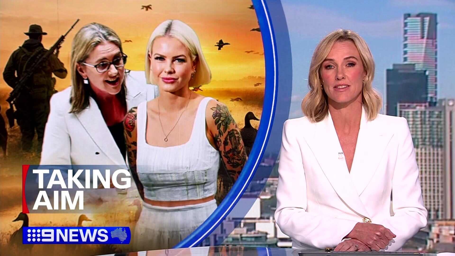 A image of a TV news anchor and a graphic of duck hunting.