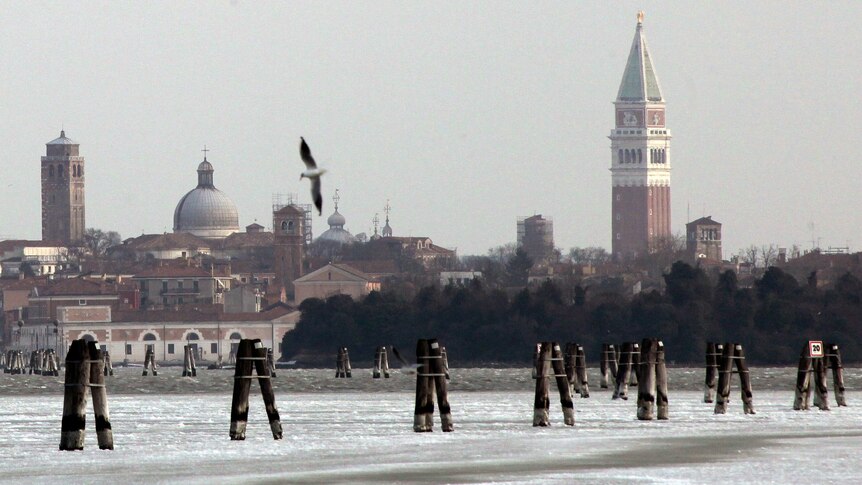Venice lagoon partially frozen