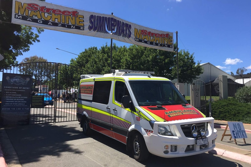 An ambulance parked near the gates at Summernats.