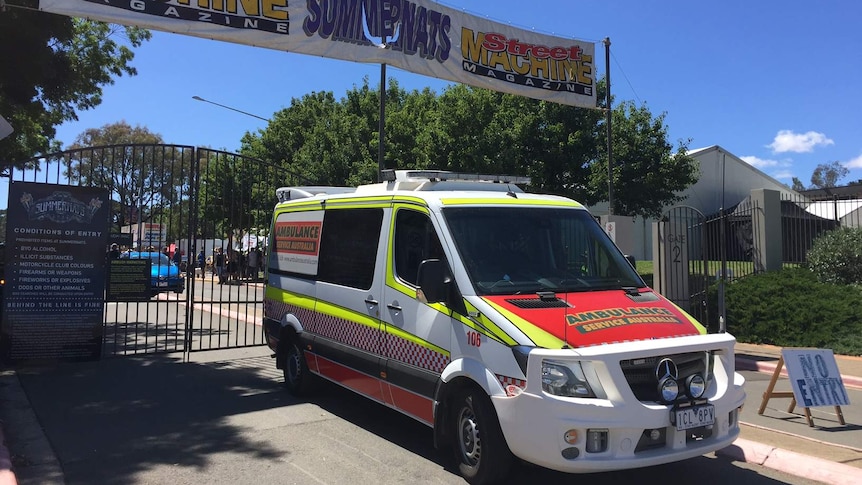 An ambulance parked near the gates at Summernats.