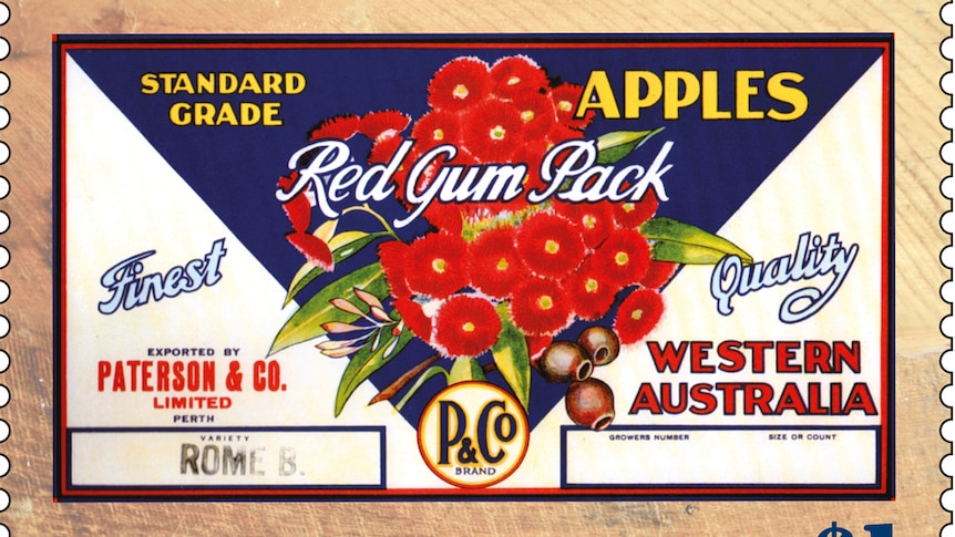 A colourful stamp of an apple packing case label