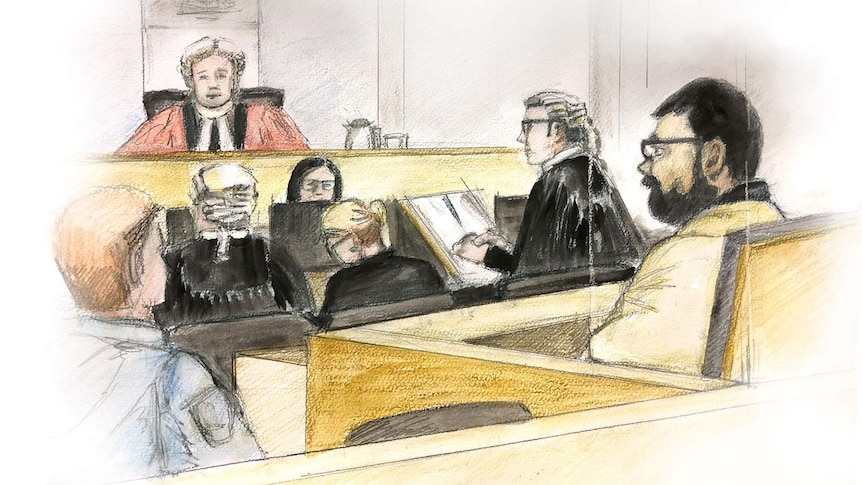 Sketch of lawyers and a defendant before a judge in court