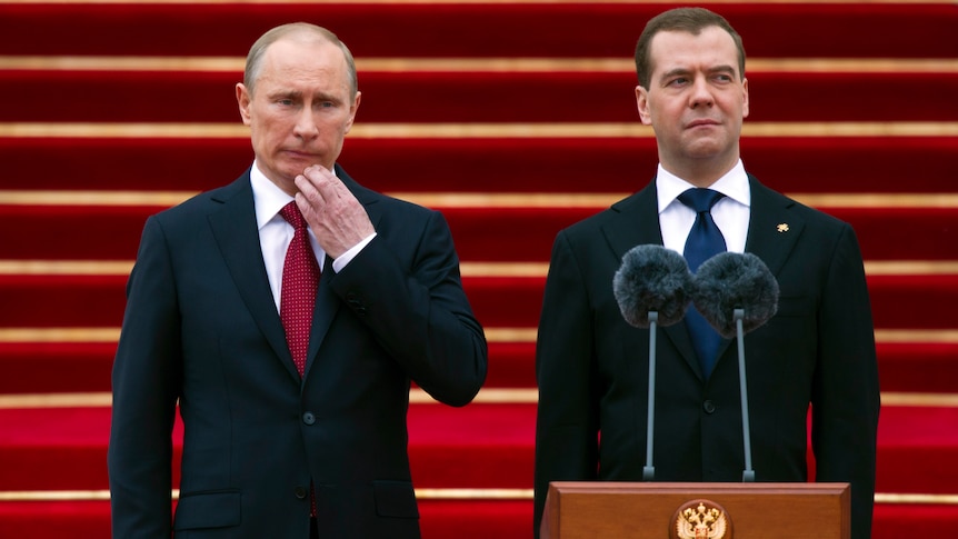 Vladimir Putin and Dmitry Medvedev at the Kremlin in Moscow