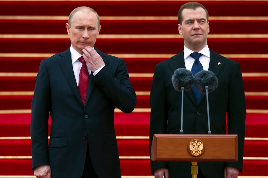 Vladimir Putin and Dmitry Medvedev at the Kremlin in Moscow