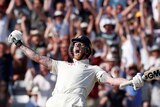 England batsman Ben Stokes spreads his arms, with bat in hand, as he screams. The English crowd screams behind him.