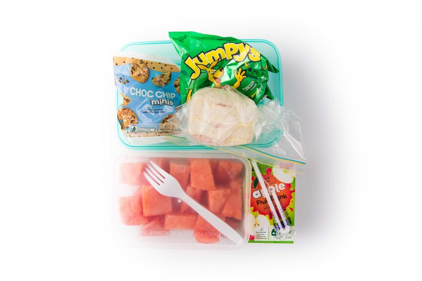 A ham sandwich, chicken flavoured potato snacks, choc chip cookies, watermelon and an apple fruit drink box in a lunch box.