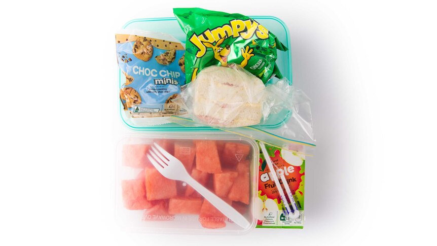 A ham sandwich, chicken flavoured potato snacks, choc chip cookies, watermelon and an apple fruit drink box in a lunch box.