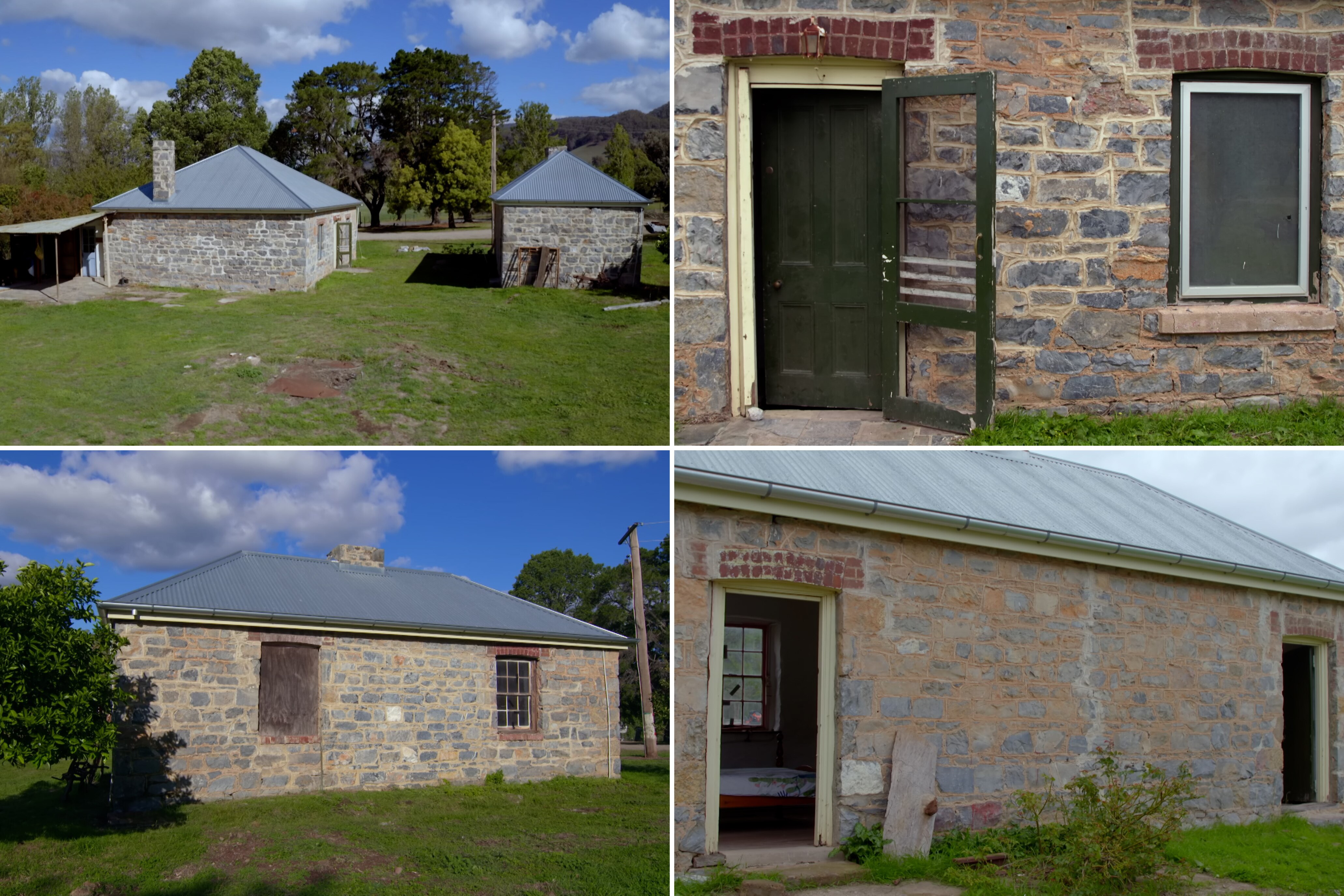 A composite of four photos of old stone cottages before they were restored