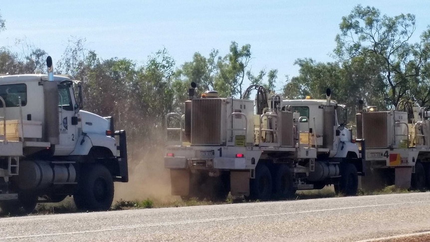 A convoy of trucks carrying specialised equipment to map the crust of WA's West Kimberley.