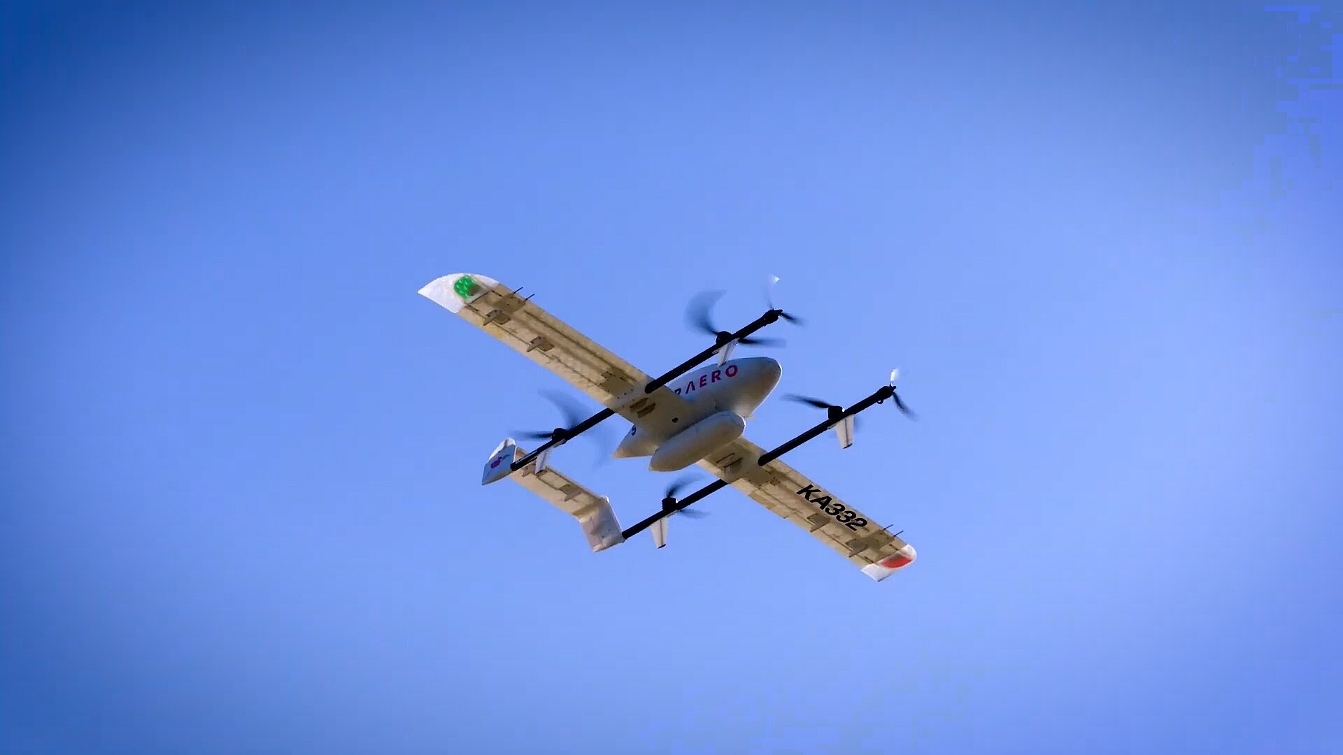 A delivery drone in the sky.