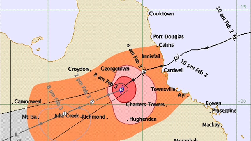 Cyclone Yasi tracking map issued by the Bureau of Meteorology at 7:48am (AEST) on Feb 3, 2011.