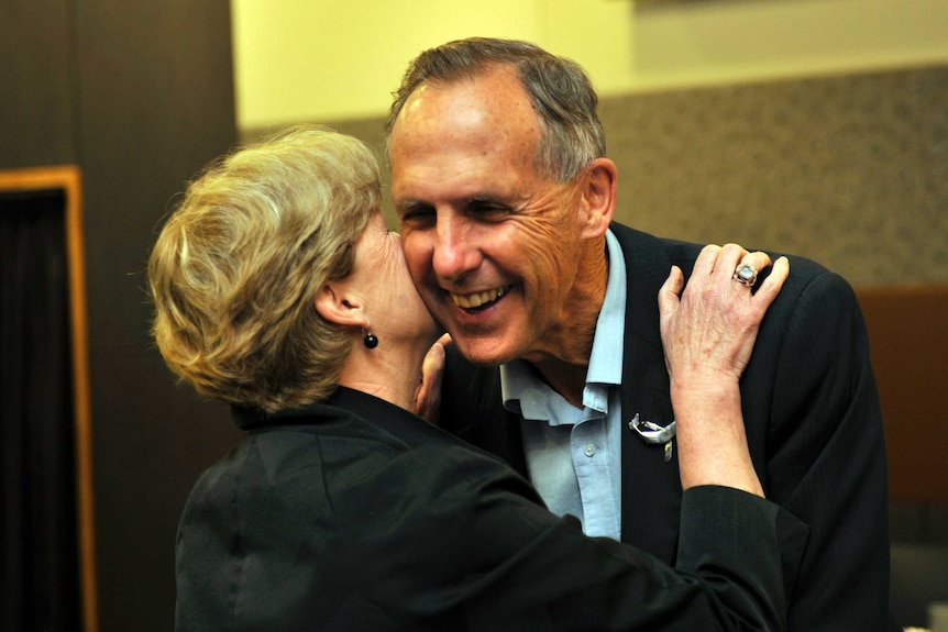 Australian Greens leader Christine Milne greets former leader Bob Brown at the National Press Club.