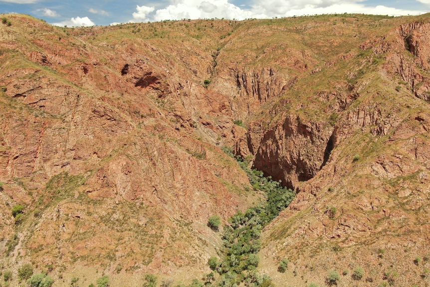 an aerial shot of a gorge oasis surrounded by red Kimberley ranges