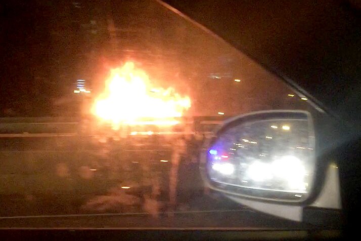 King Way blocked after crash sparks car fire