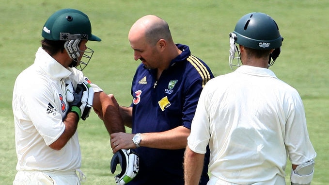 Nasty knock... Ricky Ponting retired hurt in the first innings after being struck by Kemar Roach.