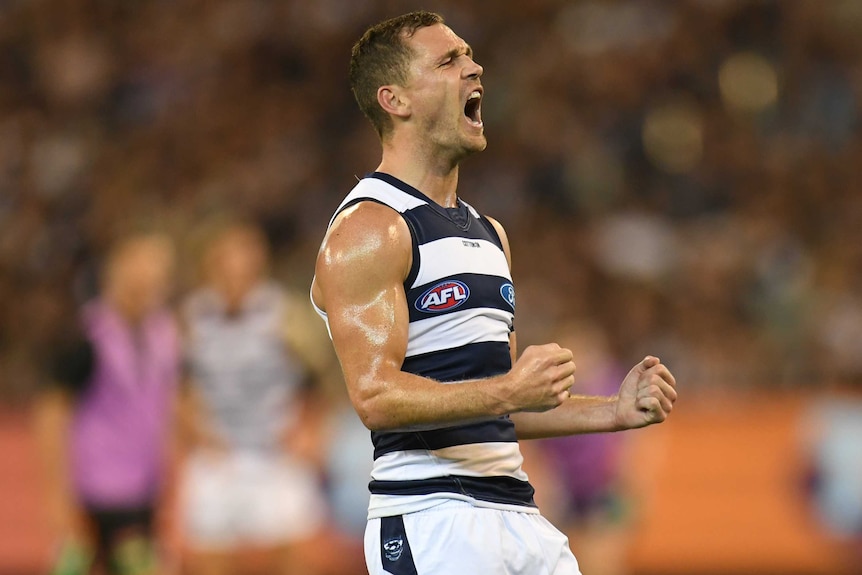 Joel Selwood pumps his fists as he screams out in celebration.