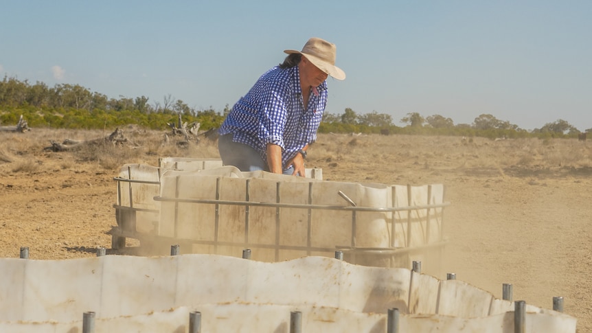 Jacque Hemming drags a feed container on her property near Dirranbandi, August 2023.