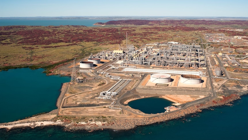 Aerial shot of big gas plant on the red rocks of the Burrup in the Pilbara
