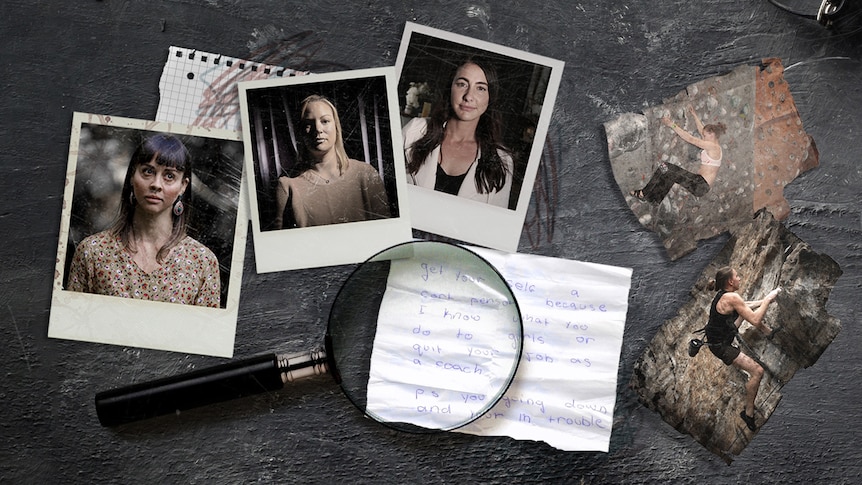 Three women appear in polaroids next to a note with a magnifying glass on top of it.