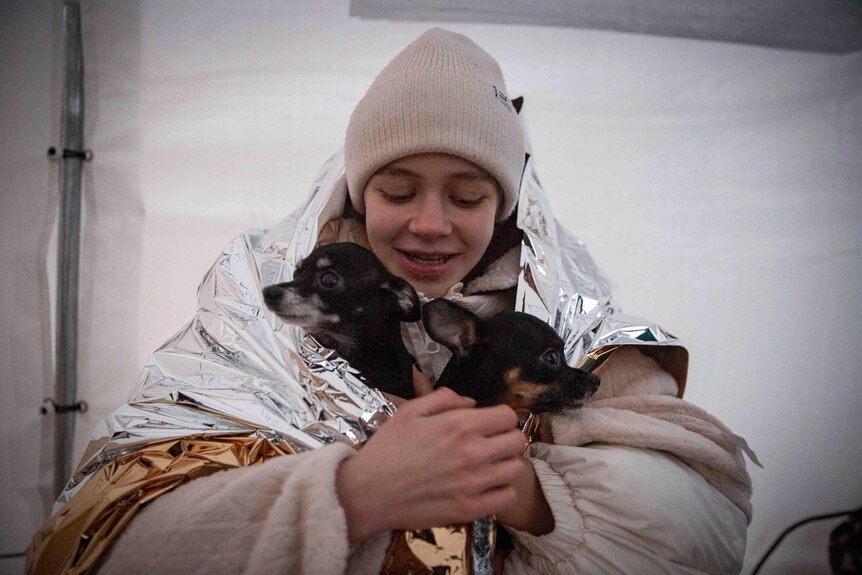 a girl wearing a beanie and wrapped in an alumnimum blanket holdings two Chihuhuas in her arms looking down at them