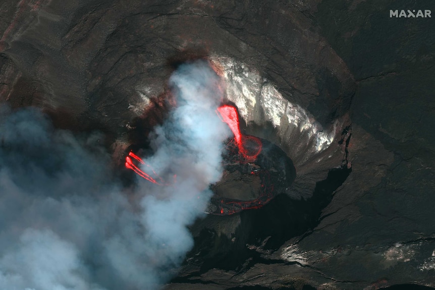 An aerial view of the Kilauea volcano's crater
