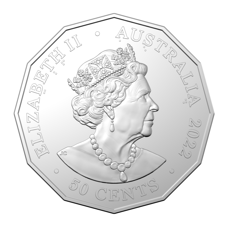 A silver, 50-centre Australian coin, with the Queen's head.
