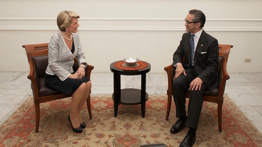 Julie Bishop speaks with Marty Natalegawa