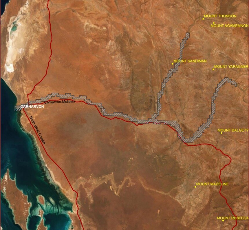 A map of the Gascoyne region showing a highlighted section stretching from Carnarvon inland over two rivers.