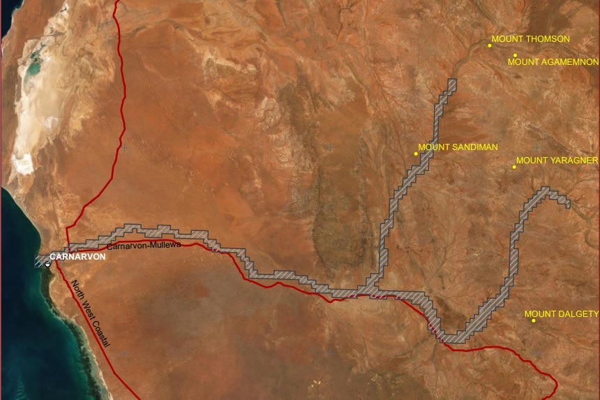 A map of the Gascoyne region showing a highlighted section stretching from Carnarvon inland over two rivers.