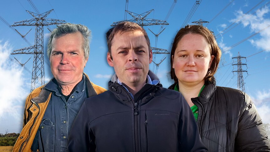 Composite image of three farmers standing in front of transmission towers.