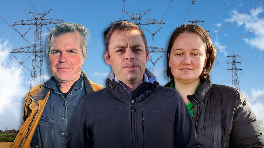 Composite image of three farmers standing in front of transmission towers.