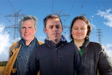 Composite image of three farmers standing in front of transmission towers.